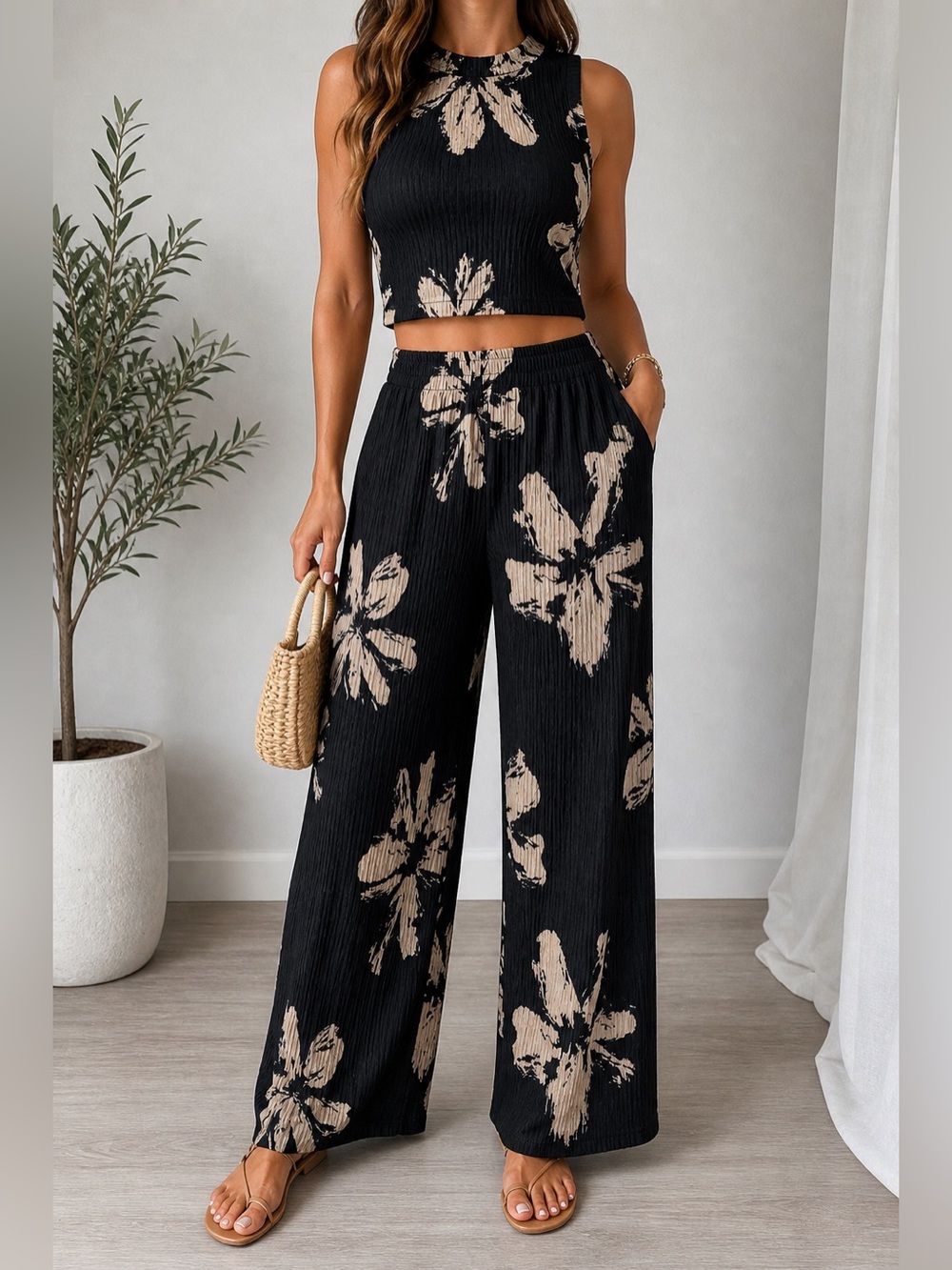 Wide Leg Floral Print Pants - Black & Beige